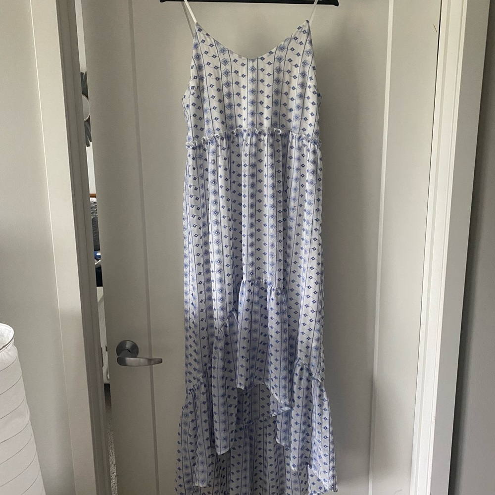 White High Low dress with blue embroidery